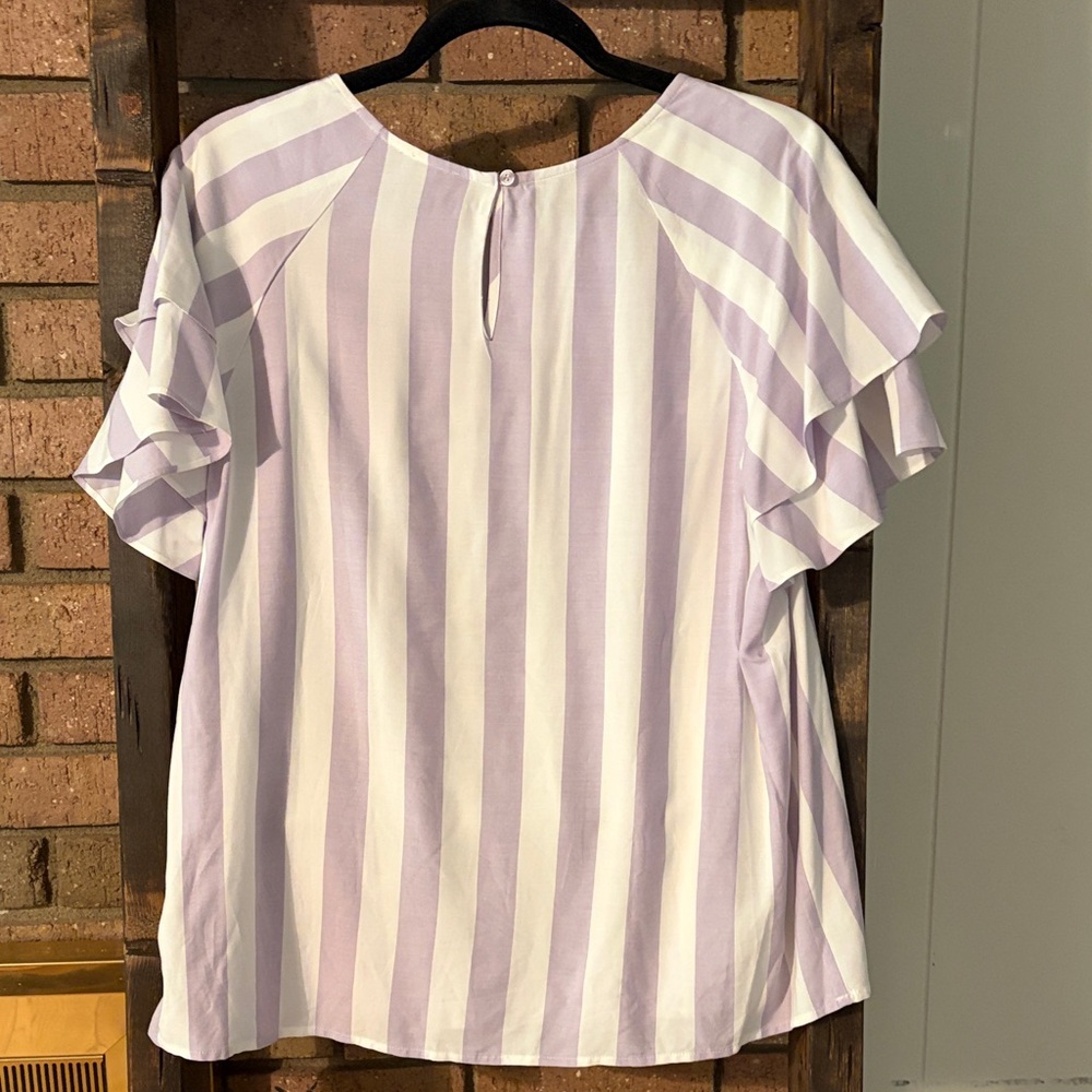 Cremieux Light Purple and White Striped Flutter Sleeve Top - Picture 7 of 9